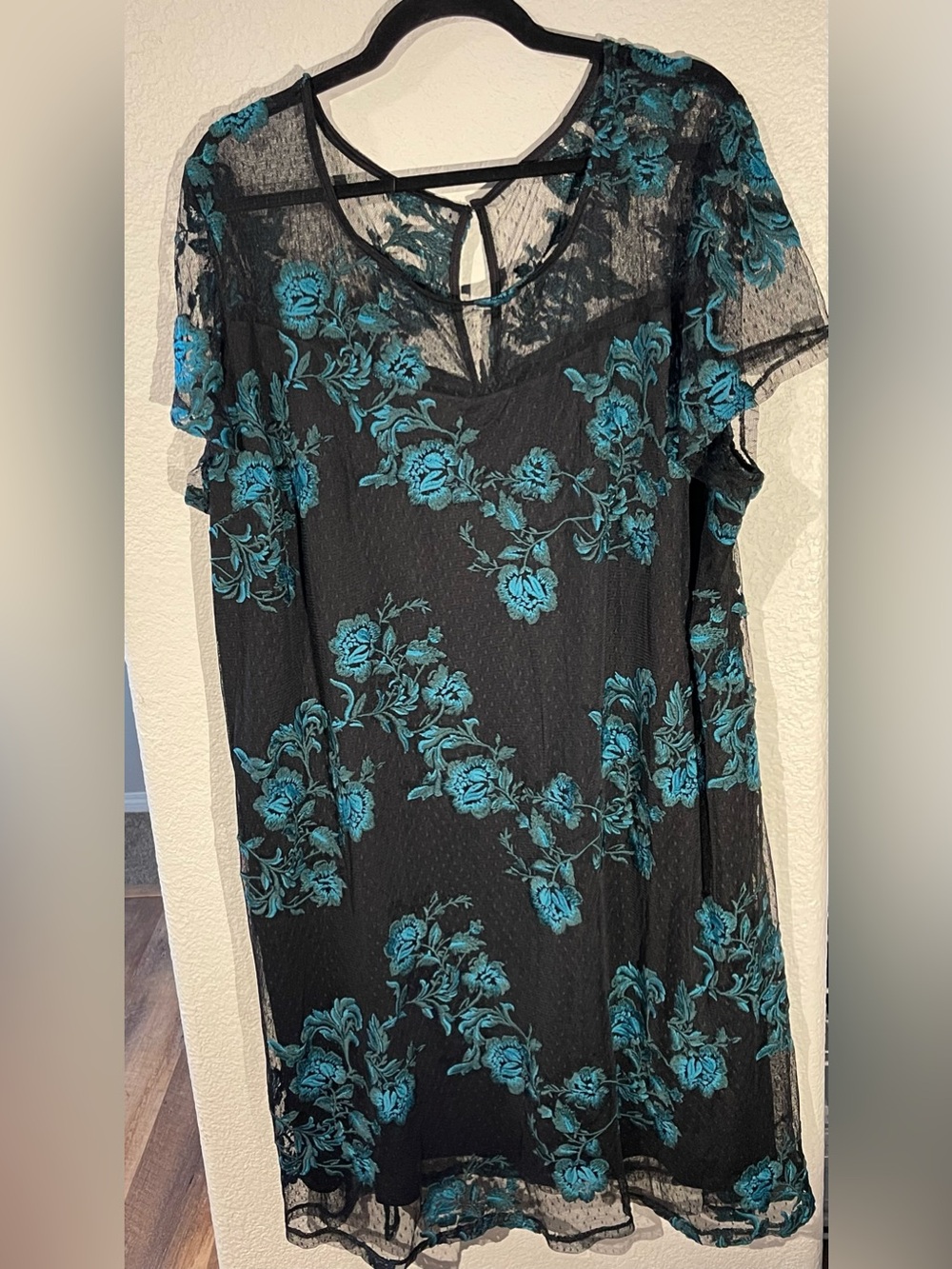 Lane Bryant Black Midi Dress with Teal Floral Embroidery